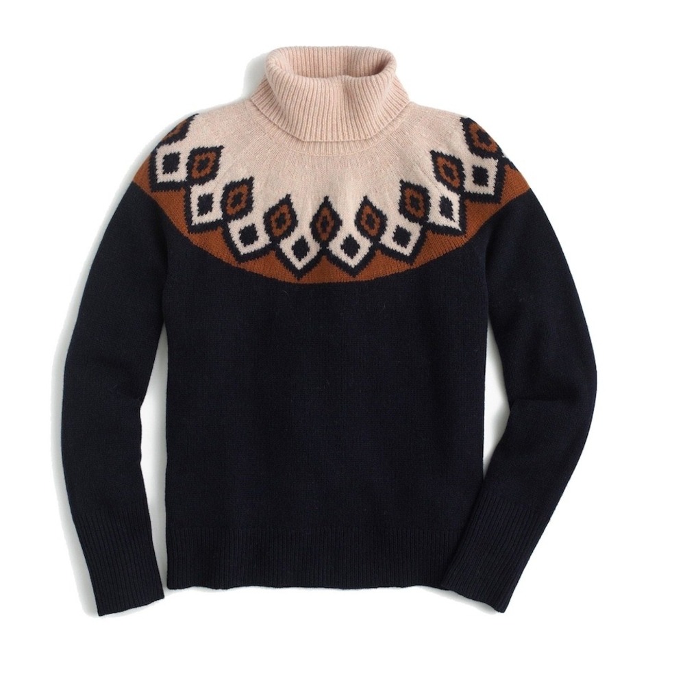 J.Crew Merino Wool Fair Isle Turtleneck Sweater Navy Pink H3460 Womens Small